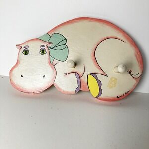 Laurie L. Bechler Wall Hook Hippo 9.5x6 Pink Hand Painted Wood Nursery Decor HTF